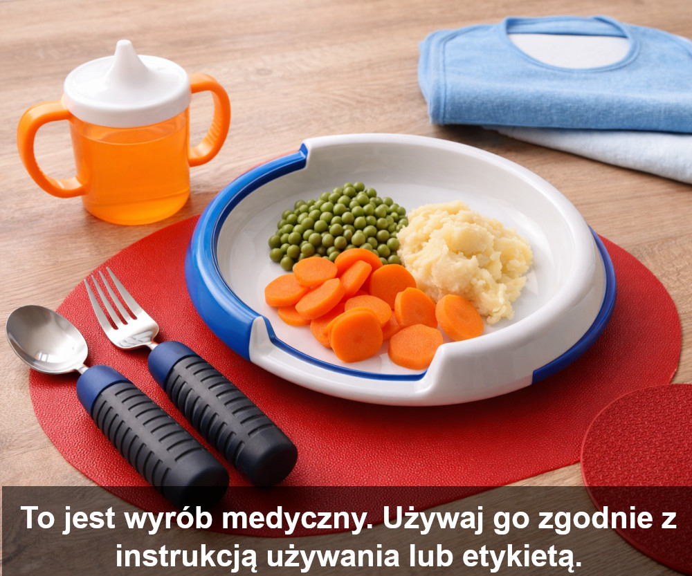 Akcesoria ułatwiające karmienie osoby niepełnosprawnej – talerz z rantem, sztućce z pogrubioną rączką i kubek z ustnikiem