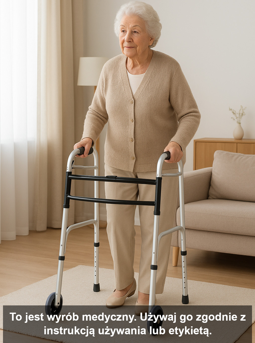 osoba niepełnosprawna korzystająca z balkonika rehabilitacyjnego w domu